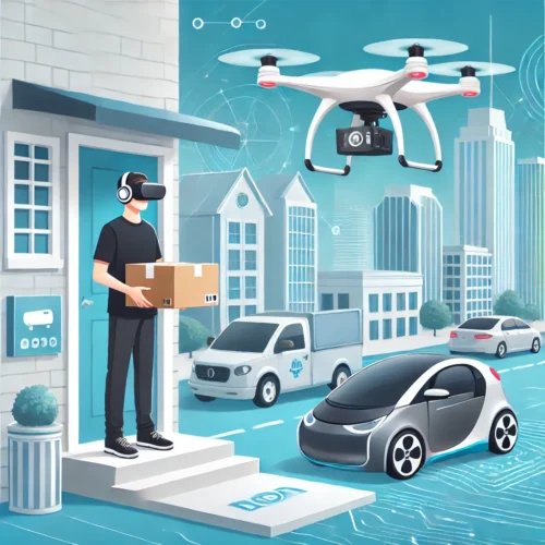 DALL·E 2025-03-26 16.47.46 - A futuristic drone delivery scene, where a small autonomous drone is delivering a package to a customer's doorstep. The background features a modern s